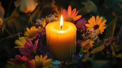 Poster - Flames rising from a candle surrounded by a wreath of flowers