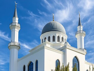 Photograph of a white Islamic mosque building with domes and minarets against a blue sky background, in a minimalist style. This image was the winner of a stock photo contest