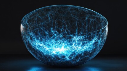 Poster - A glowing blue spherical vessel showcasing intricate light patterns against a dark background.