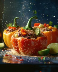 Canvas Print - Vibrant orange and yellow bell peppers filled with quinoa, vegetables, and lime, creating a fresh and healthy dish.