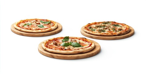 Wall Mural - Set of three side-view wooden round pizza boards isolated on a white background with a clipping path. clean minimalistic style, different angles, isolated on white backgrounds. 