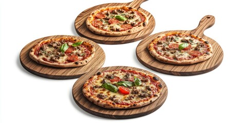 Wall Mural - Set of three side-view wooden round pizza boards isolated on a white background with a clipping path. clean minimalistic style, different angles, isolated on white backgrounds. 