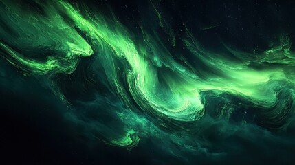 Wall Mural - Swirling green cosmic waves illuminated against a dark backdrop, evoking a sense of mystery and vastness.