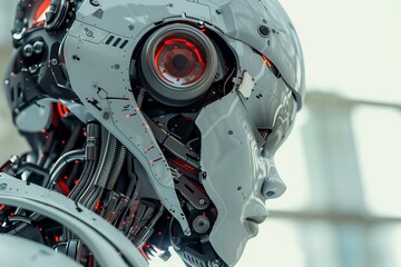 Poster - Futuristic robot is shown with glowing red lights and wires