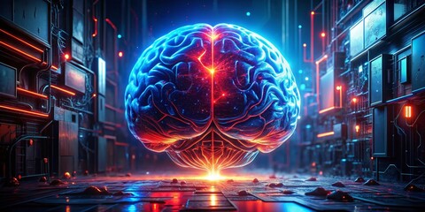 Aufkleber - Glowing Digital Brain: Urban Exploration Cyberpunk Sci-Fi Art
