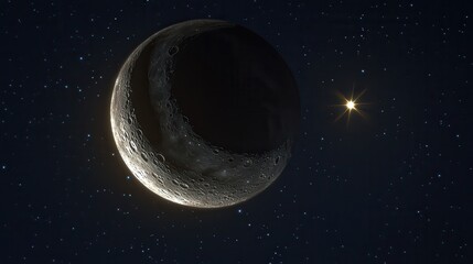Wall Mural - crescent moon against a dark starry sky with a bright star. perfect for space-themed designs, websit