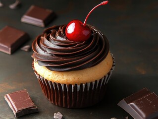 Wall Mural - Cupcake with chocolate frosting and cherry