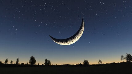 Wall Mural - a large crescent moon hangs in the twilight sky above a silhouetted landscape. ideal for fantasy or 