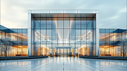 Aufkleber - Modern commercial building with large glass facade and multiple entrances, surrounded by a paved surface and set against a plain sky.