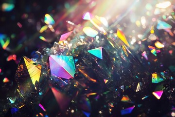 Aufkleber - Iridescent prism light effects against a dark background, with vibrant rainbow hues and bokeh for magical designs