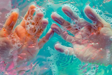 Poster - Two hands with soapy bubbles pressing against blue water creating a colorful abstract pattern