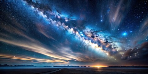 Wall Mural - A Celestial Canvas Night Sky Panorama Featuring Starry Milky Way Galaxy, Dramatic Clouds, and a Serene Landscape with Distant Mountains at Sunset