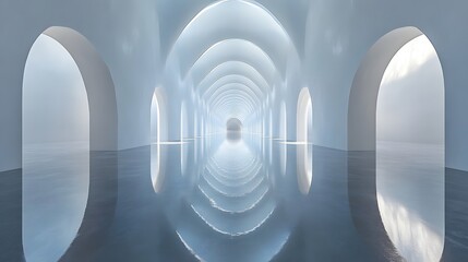 Poster - A mesmerizing sequence of reflective arched corridors creating a serene and infinite sense of depth within a pristine minimalist gallery space