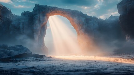 Poster - A solitary and desolate rock arch standing tall in a barren desert like wasteland with a single dramatic beam of light breaking through the dramatic atmospheric scene