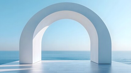 Poster - Minimalist white archway set against a backdrop of endless clear blue sky creating a serene and tranquil landscape  The simple geometric structure provides a clean