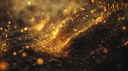 Poster - Close-up of shimmering golden particles dancing on a dark surface, creating a magical and enchanting atmosphere.