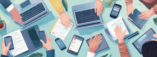 Poster - A top view of an office table with various business people working together