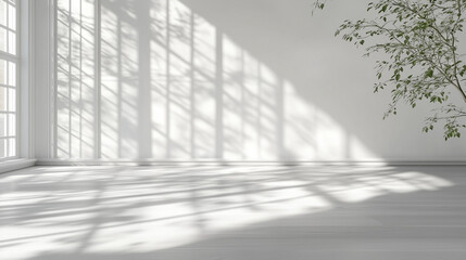 Fototapete - Minimalist white room interior with dramatic window shadows and tree silhouettes. Perfect for modern architecture, interior design, and minimalist lifestyle concepts.