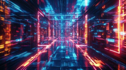 Poster - Abstract D digital network with geometric shapes and glowing neon lines flowing, symbolizing advanced communication and technology.