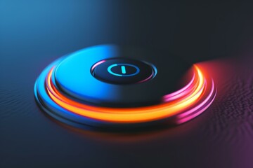 Poster - Close up of a neon power button glowing on a futuristic keyboard, representing the concept of technology and innovation
