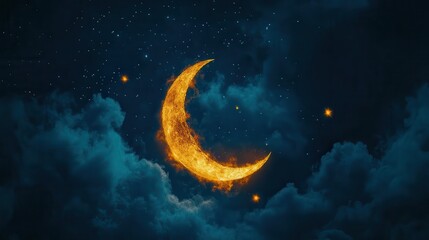 Wall Mural - a fiery crescent moon illuminates the night sky amidst dark clouds and twinkling stars. ideal for fa