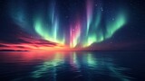 Colorful aurora borealis reflected in calm water at sunset.