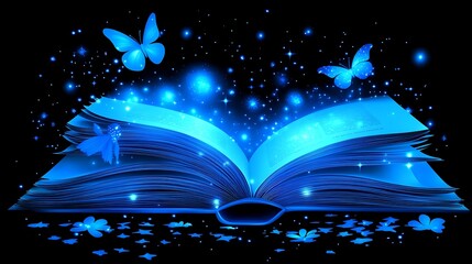 Wall Mural - glowing book, magic, butterflies, stars, dark background, fantasy.