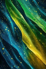 Poster - A vibrant display of flowing fabric in green, blue, and yellow hues with shimmering golden particles.
