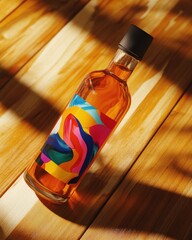 A vibrant bottle of colorful beverage on a wooden surface, showcasing modern art-inspired design.