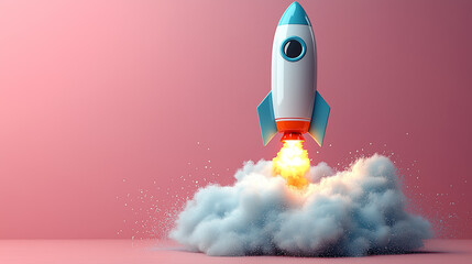 Toy rocket launching with fire and smoke billowing from behind against a plain pink background with copy space for text