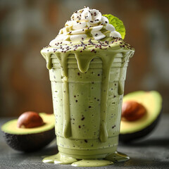 Poster - A avocado milkshake and Cream in fancy plastic takeaway cup pretty visible avocados, with bright avocado sauce drizzle and avocados. The background is minimal.