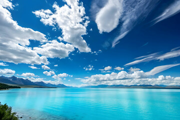 Panorama of clear sky background for summer vacation concept at ocean and summer sea water with sunlight of beautiful cloudy sky.