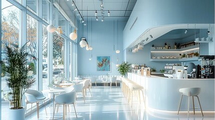 Aufkleber - The interior of a modern coffee shop in white and blue tones, with floor-to-ceiling windows.