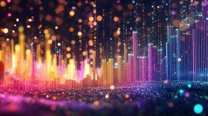 Poster - a d financial bar chart with sharp, colorful bars in an upward trend, surrounded by glowing lights a