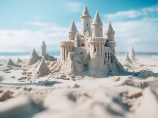 Wall Mural - Close up of sandcastles under sunlight with delicate patterns representing a peaceful beach scene