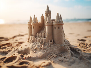 Wall Mural - Sunlit sandcastles on a coastal beach bring summer joy and relaxation in a detailed close up shot