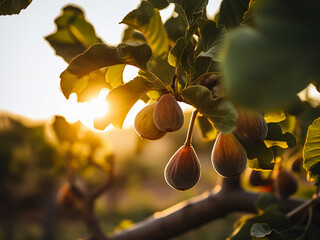 Wall Mural - Figs ripening on a tree during the golden sunset hours