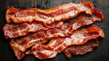 Poster - A batch of crispy bacon strips on a cooling rack, with light reflecting off the glossy surface, emphasizing their crunchy texture and rich color