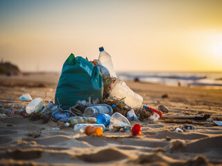 Wall Mural - Garbage scattered on the sand with a blurred background of the beach