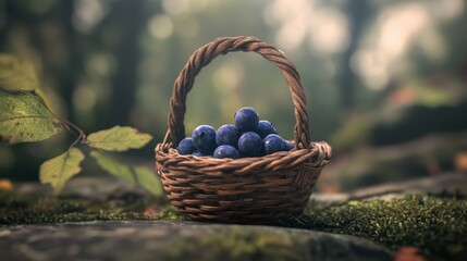 A juicy blueberry rests alone in a small, wooden basket, with soft-focus foliage behind.