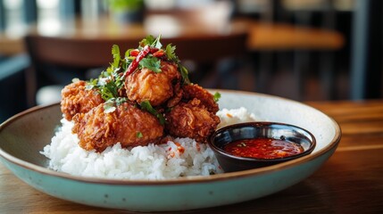 Wall Mural - A beautifully arranged plate of fried chicken on fluffy white rice, garnished with herbs, chili, and a side of dipping sauce, set against a warm, inviting food scene