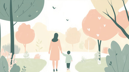 Exploring Nature with a Toddler in a Pastel Park. Hand drawn illustration of a woman and baby