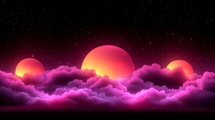 Wall Mural - pink cloudscape, three glowing planets, night sky, cosmic scene, artwork.