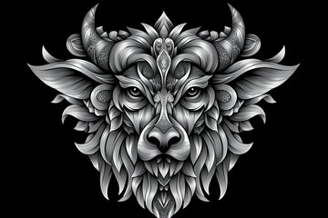 ornate horned animal head with floral design on black background.