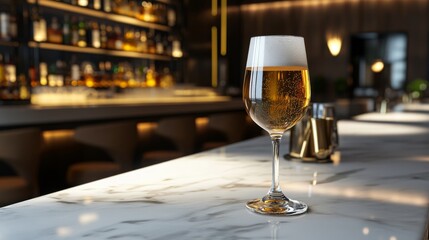 Poster - A beautifully styled beer glass with light beer, condensation dripping down the sides, placed on a modern bar with a clean and stylish background.