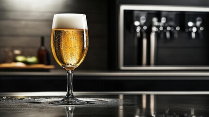 Poster - A beautifully styled beer glass with light beer, condensation dripping down the sides, placed on a modern bar with a clean and stylish background.
