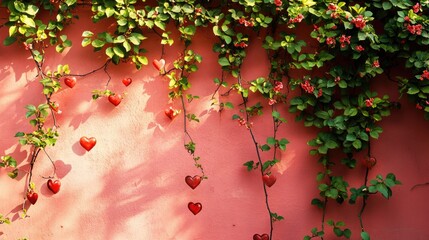 Poster - A romantic Valentines backdrop: red wall with scattered heart designs and ample space for text, ideal for banners or ads.