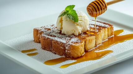 Poster - A beautifully styled plate of honey toast topped with ice cream, fresh mint, and a drizzle of honey, arranged on a white background for a fresh and modern look.