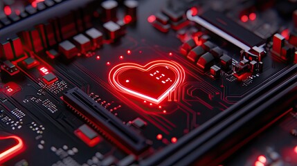 Poster - A stylized motherboard with a glowing red heart-shaped circuit design, representing a blend of innovation and sentiment.