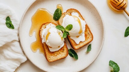 Poster - A beautifully styled plate of honey toast topped with ice cream, fresh mint, and a drizzle of honey, arranged on a white background for a fresh and modern look.